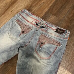Robins Jean Shorts Mens 40‎ Denim Embellished Hip Hop Designer Red Studded